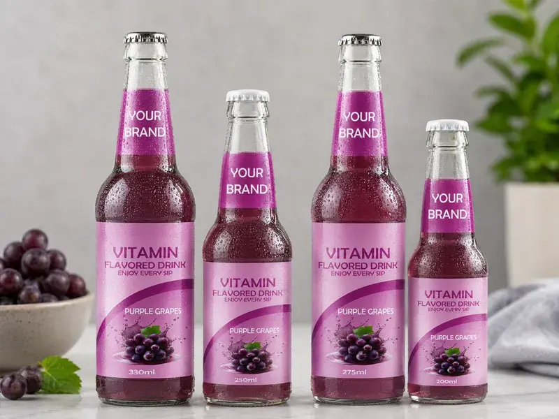 VITAMIN FLAVORED DRINK Purple Grapes flavour in 330ml, 250ml, 275ml, and 200ml glass bottles.